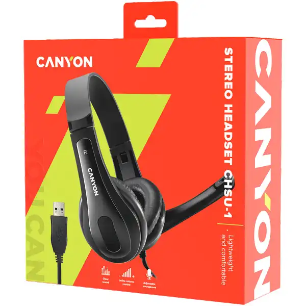 CANYON CHSU-1 basic PC headset with microphone, USB plug, leather pads, Flat cable length 2.0m, 160*60*160mm, 0.13kg, Black; ( CNS-CHSU1B )