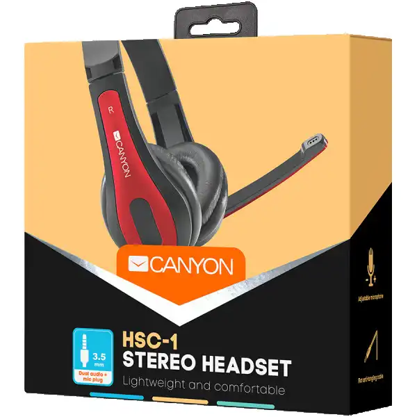 CANYON HSC-1 basic PC headset with microphone, combined 3.5mm plug, leather pads, Flat cable length 2.0m, 160*60*160mm, 0.13kg, Black-red (