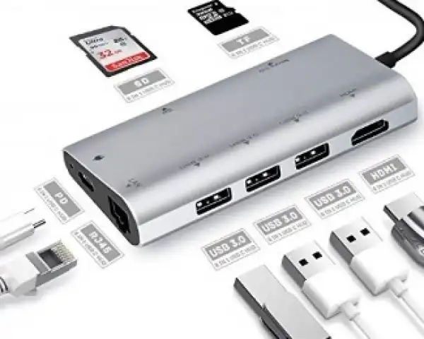FAST ASIA Adapter-konvertor TIP C na HDMI+3xUSB3.0+SDMICRO SD+RJ45+TIP C