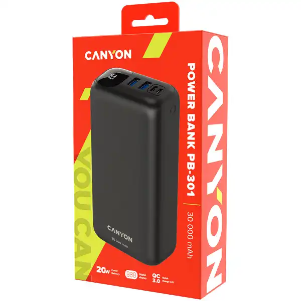 CANYON Power bank 30000mAh Li-poly battery, Input Micro: DC5V2A, 9V2A Input Type c PD :DC5V3A, 9V2A Output Type C PD:5V3A,9V2.2A,12V1.5AOut