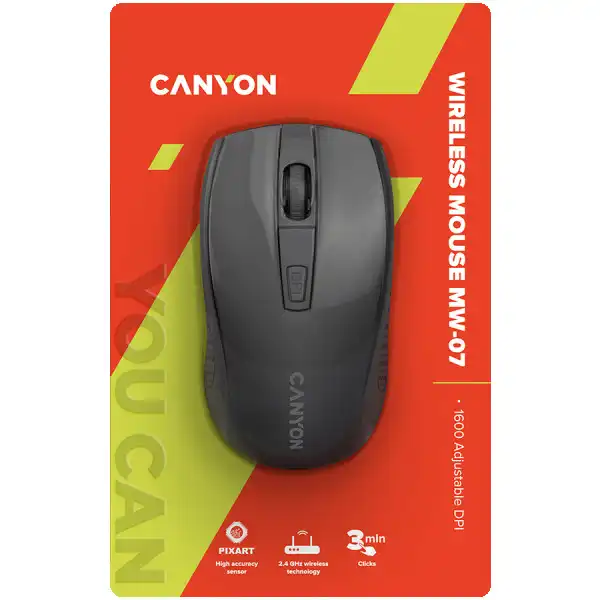 CANYON 2.4Ghz wireless mice, 6 buttons, DPI 80012001600, with 1 AA battery ,size 110*60*37mm,58g,black ( CNE-CMSW07B )