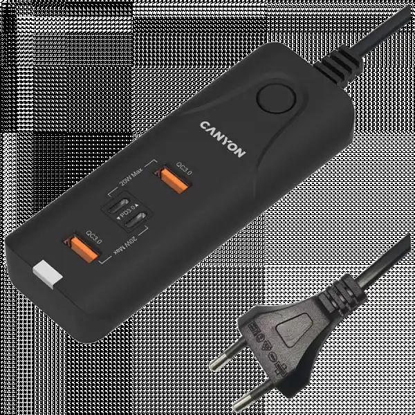 CANYON H-10, Wall charger. CNE-CHA10B Input: 100-240V~5060Hz 1.0A Max Output1Output2: DC USB-A QC3.0 5.0V3.0A,9.0V2.0A,12.0V1.5A 18.0W(Max)