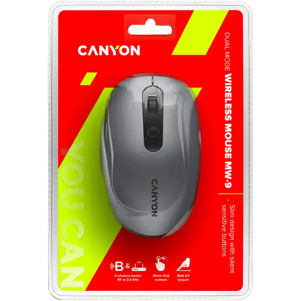 CANYON Canyon 2 in 1 Wireless optical mouse with 6 buttons, DPI 800100012001500, 2 mode(BT 2.4GHz), Battery AA*1pcs, Grey, 65.4*112.25*32.3