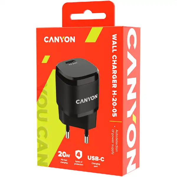 Canyon, PD 20W Input: 100V-240V, Output: 1 port charge: USB-C:PD 20W (5V3A9V2.22A12V1.66A) , Eu plug, Over- Voltage ,  over-heated, over-cu