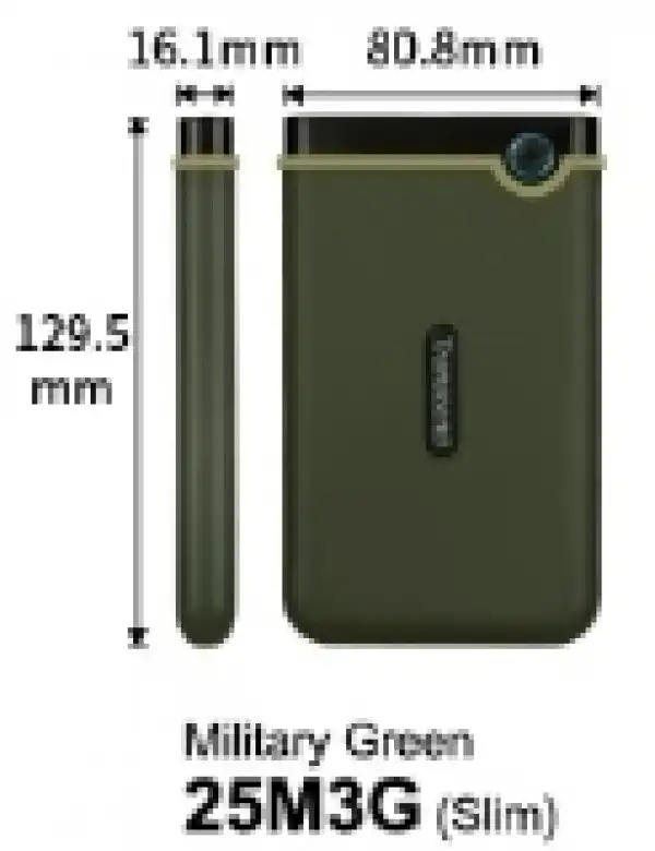 External HDD 2 TB Slim form factor, M3G, USB 3.1, 2.5, Anti-shock system, Backup software, 185g, Military Green (Slim) ( TS2TSJ25M3G ) 