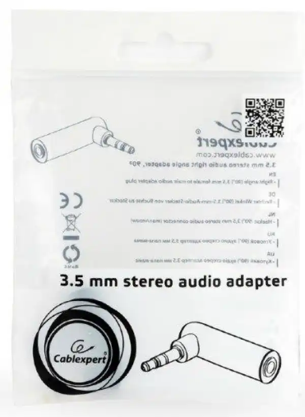 A-3.5M-3.5FL Gembird 3.5 mm stereo audio right angle adapter, 90