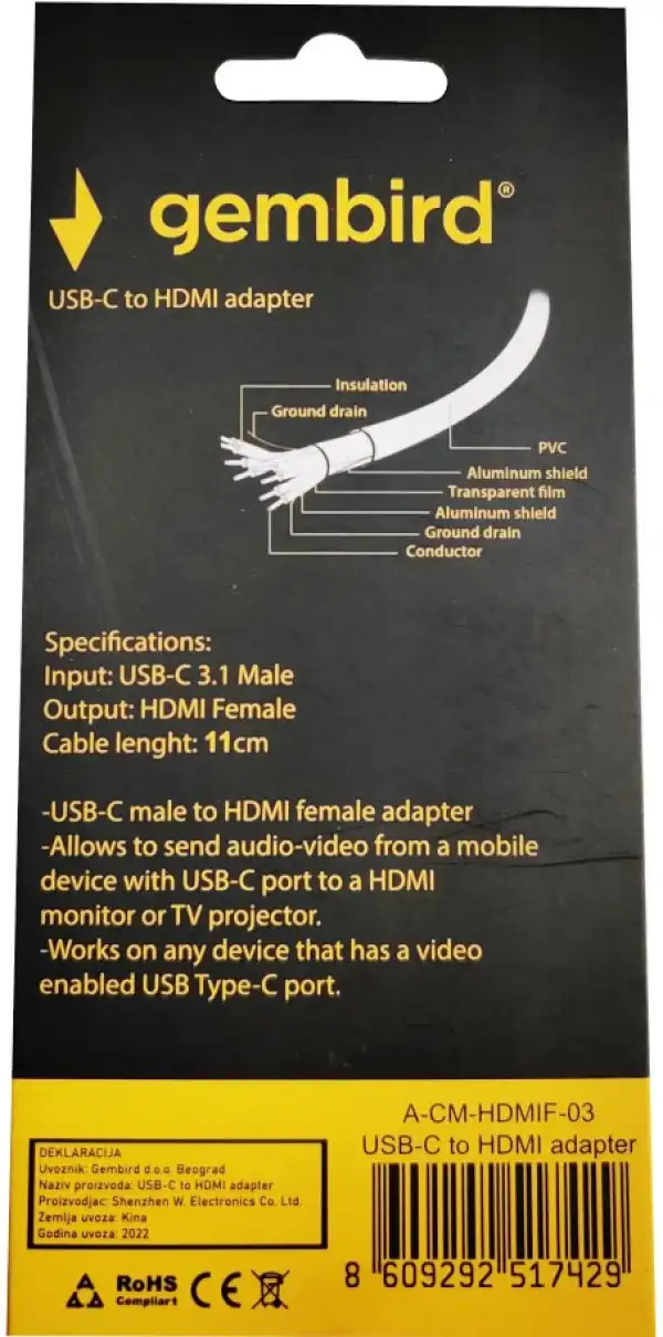 A-CM-HDMIF-03 TYPE-C TO HDMI 11cm CABLE