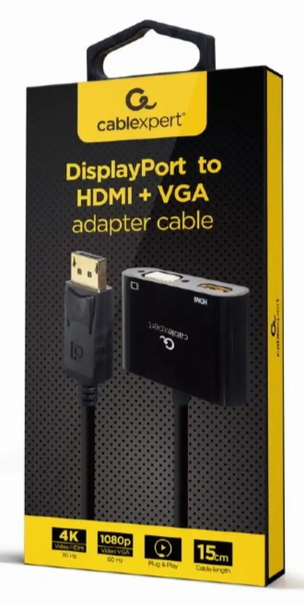A-DPM-HDMIFVGAF-01 Gembird DisplayPort male to HDMI female + VGA female adapter cable, black