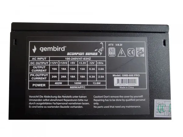 GMB-600-PRO Gembird napajanje 600W 80+ BRONZE, PFC,12cm FAN, 20+4pin, 2x4pin,2x 6+2pin, 5xSATA,2xIDE