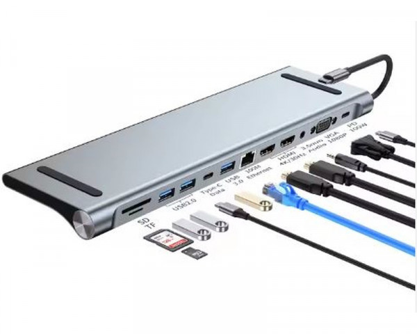 E-GREEN Adapter USB 3.1 tip C (M) - 2 x HDMI + VGA + 3 x USB 3.0 + 2 x tip C + RJ45 (F) + SDTF + PD 100W (12 u 1) 