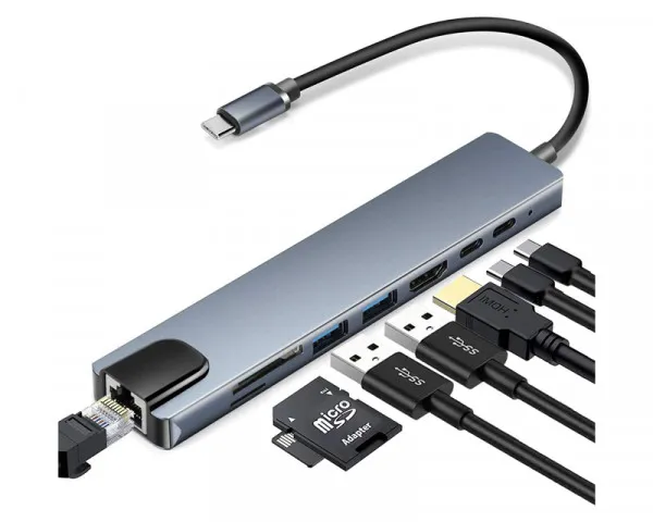 FAST ASIA Adapter-konvertor TIP C na HDMI+2xUSB 3.0+TFSD+2xTIP C+RJ45 