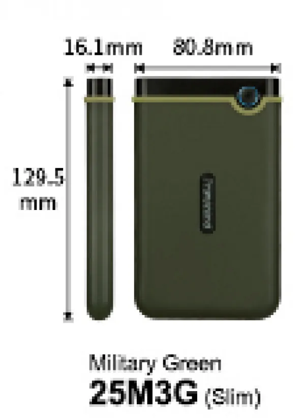 External HDD 1 TB Slim form factor, M3G, USB 3.1, 2.5, Anti-shock system, Backup software, 185g, Military Green (Slim) ( TS1TSJ25M3G ) 