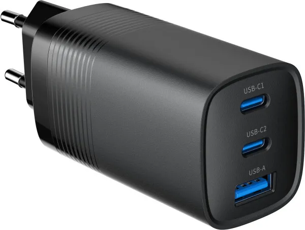 TA-UC-PDQC65-01-BK Gembird 3-port 65W GaN USB PowerDelivery fast charger, black
