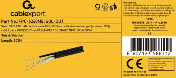 FPC-6260ME-SOL-OUT Gembird FTP cat6 Outdoor, solid 23AWG, 0,57mm PREMIUM CCA kotur pun presek 305m