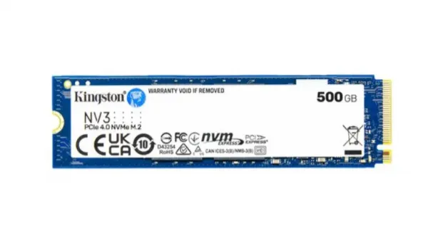 Kingston M.2 NVMe 500GB SSD, NV3, PCIe Gen 4x4, Read up to 6,000 MB/s, Write up to 2,200 MB/s, (single sided), 2280 ( SNV3S/500G )