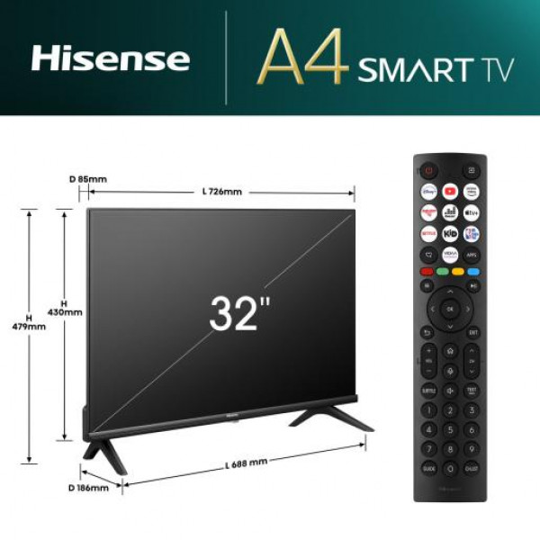 Televizor Hisense H32A4N Smart, LED, HD Ready, 32''(81cm), DVB-T-T2-C-S-S2