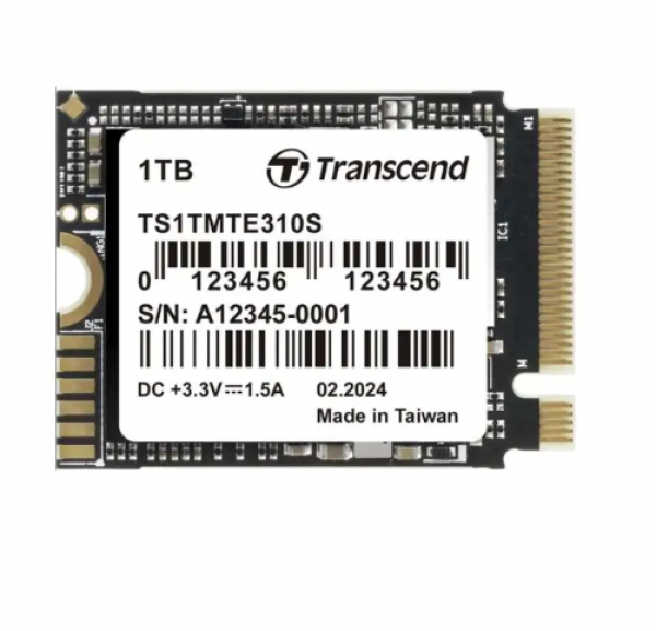 Transcend M.2 NVMe 1TB, 2230, PCIe Gen 4x4, 3D TLC, DRAM-less, Read up to 5000 MB/s, Write up to 3500 MB/s, Single-sided ( TS1TMTE310S )