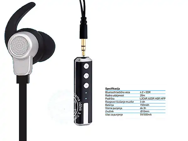 BT stereo slusalice sa mikrofonom MX150  v4.2, Baterija 150mAh, 6 sati razgovor, 20m udaljenost, Crna 024589