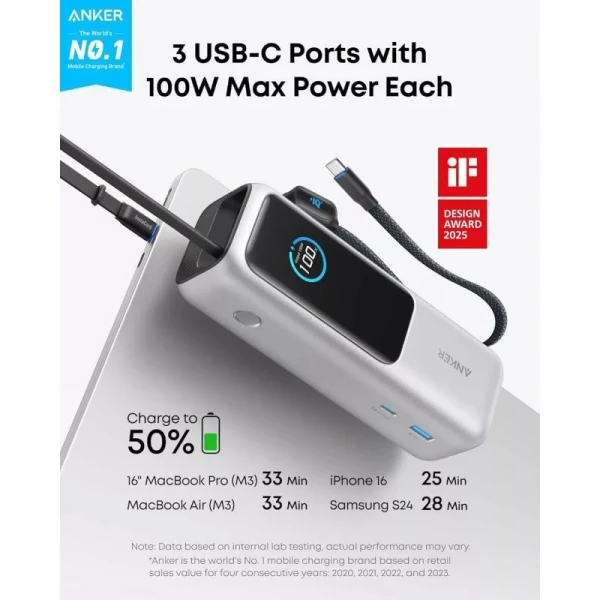 ANKER Power Bank sa ugrađenim USB-C kablom na izvlačenje, 25000mAh, 165W srebrni
