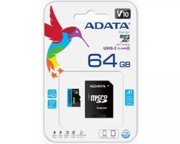 A-DATA UHS-I MicroSDXC 64GB class 10 + adapter AUSDX64GUICL10A1-RA1