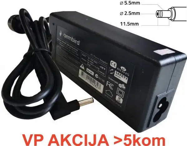 NPA65-190-3420 (AS12)** Gembird punjac za laptop 65W-19V-3.42A, 5.5x2.5mm black (661 Alt=AS16)