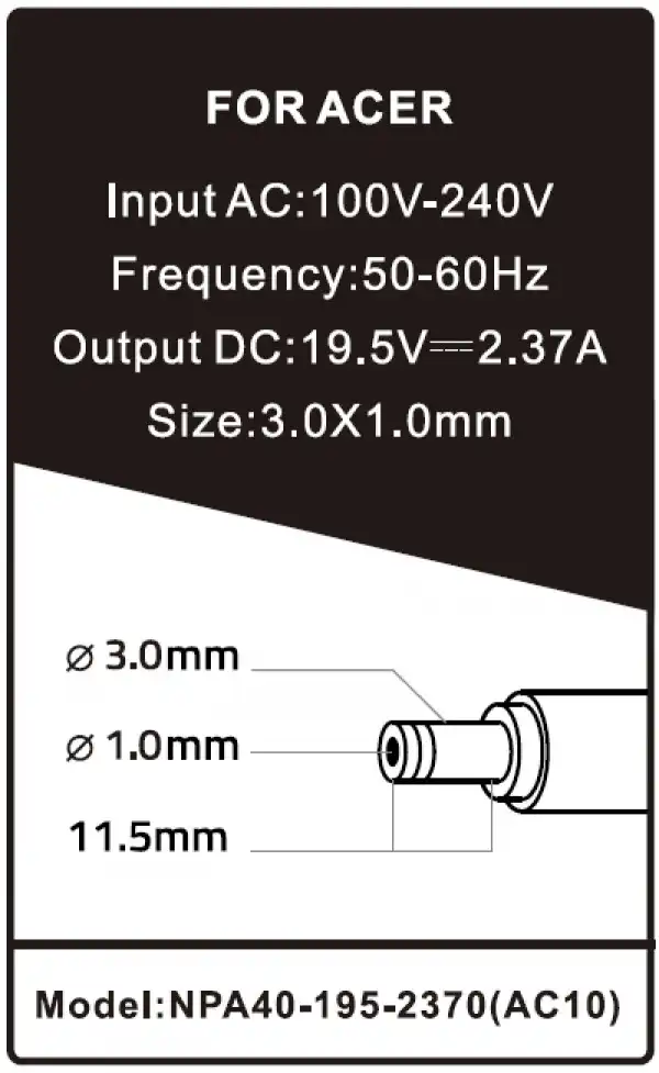 NPA40-195-2370 (AC10) ** Gembird punjac za laptop 40W-19.5V-2.37A, 3.0x1.1mm black (661 alt=AC08)