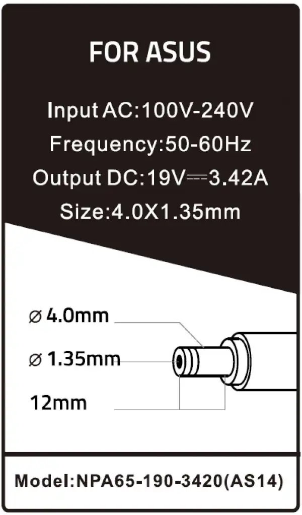 NPA65-190-3420 (AS14) ** Gembird punjac za laptop 65W-19V-3.42A, 4.0x1.35mm black (661)