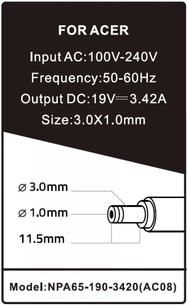 NPA65-190-3420 (AC08) ** Gembird punjac za laptop 65W-19V-3.42A, 3.0x1.1mm (661)