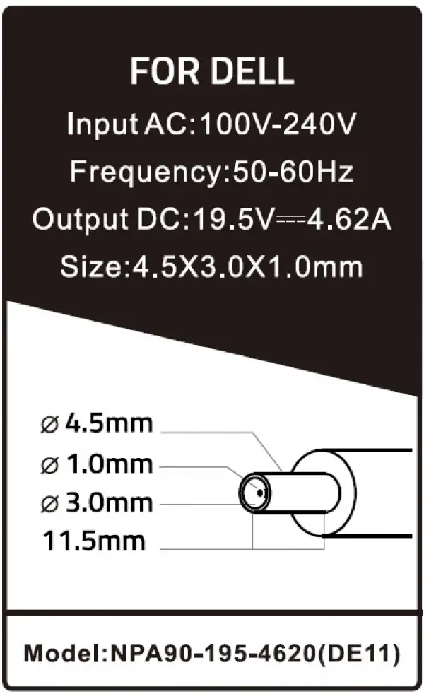 NPA90-195-4620 (DE11) ** Gembird punjac za laptop 90W-19.5V-4.62A, 4.5x3.0mm  Black PIN (890)