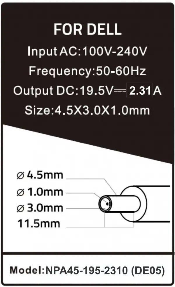 NPA45-195-2310 (DE05) **Gembird punjac za laptop 45W-19.5V-2.31A, 4.5x3.0mm  Black PIN (819 Alt=DE07