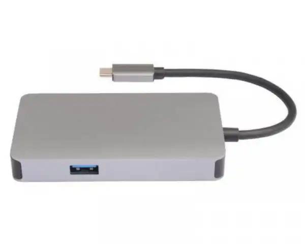 E-GREEN Adapter USB 3.1 tip C (M) - HDMI + VGA + 2xUSB 3.0 + RJ45 + tip C (F) beli