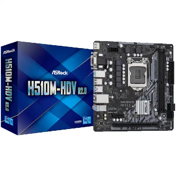 ASROCK Main Board Desktop H510M-HDV (H510, S1200, 2xDDR4, 1xPCIe 4.0x16, 1xPCIe 3.0x1, 4xSATA3, 4xUSB3.2 Gen1, VGA, DVI-D, HDMI, GLAN, mATX