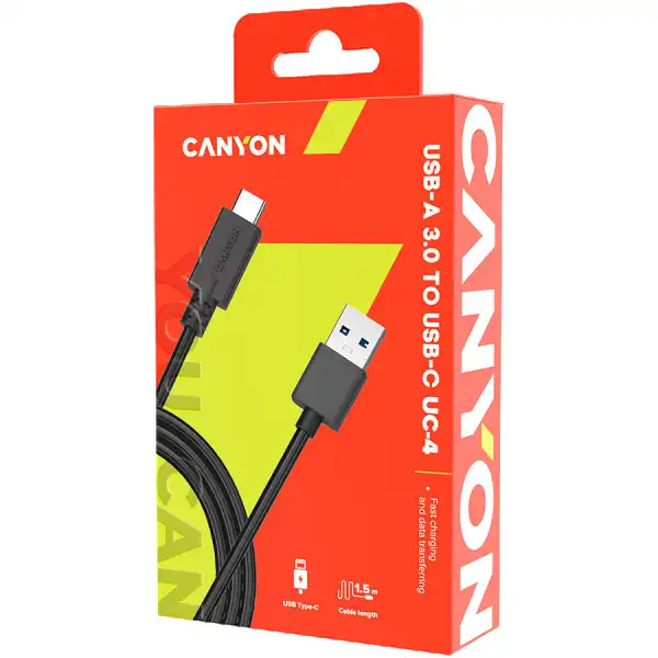 CANYON UC-4 Type C USB 3.0 standard cable, Power & Data output, 5V 1A 5W, OD 4.5mm, PVC Jacket, 1.5m, black, 0.039kg ( CNE-USBC4B ) 