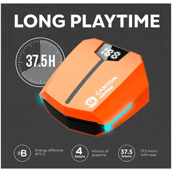 CANYON GTWS-2, Gaming True Wireless Headset, BT 5.3 stereo, 45ms low latency, 37.5 hours, USB-C, 0.046kg, orange ( CND-GTWS2O ) 
