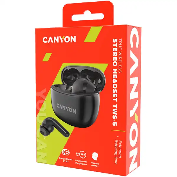 Canyon TWS-5 Bluetooth headset, with microphone, BT V5.3 JL 6983D4, Frequence Response:20Hz-20kHz, battery EarBud 40mAh*2+Charging Case 500