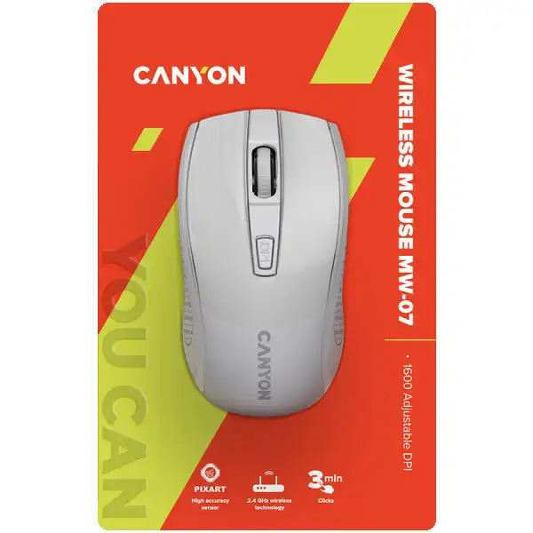 2.4Ghz wireless mice, 6 buttons, DPI 80012001600, with 1 AA battery ,size 110*60*37mm,58g,white ( CNE-CMSW07W ) 