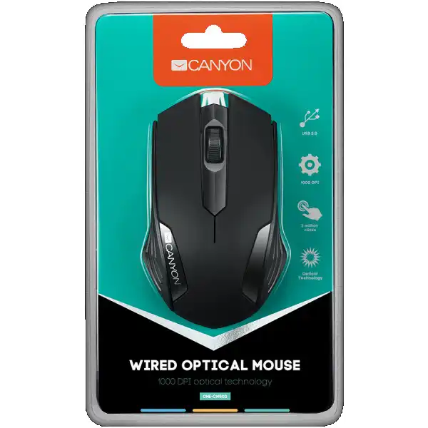 CANYON wired optical Mouse with 3 buttons, DPI 1000, Black,  cable length 1.25m, 120*70*35mm, 0.07kg ( CNE-CMS02B ) 