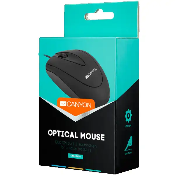 CANYON CM-1 wired optical Mouse with 3 buttons, DPI 1000, Black, cable length 1.8m, 100*51*29mm, 0.07kg ( CNE-CMS1 ) 