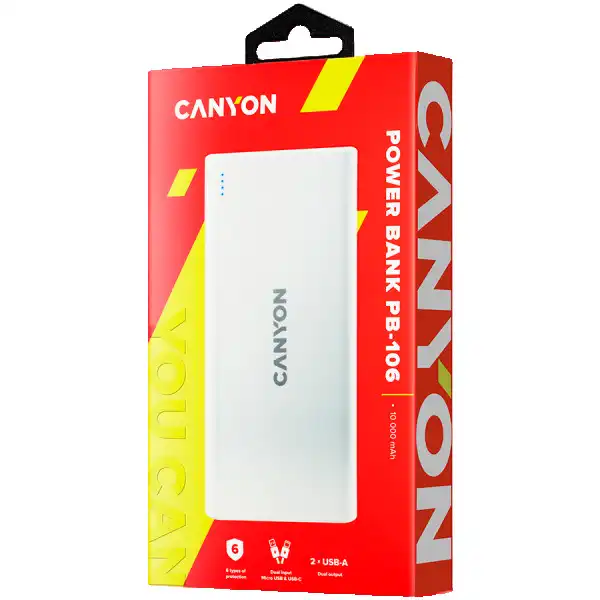 CANYON PB-106 Power bank 10000mAh Li-poly battery, Input 5V2A, Output 5V2.1A(Max), USB cable length 0.3m, 140*68*16mm, 0.24Kg, White ( CNE-