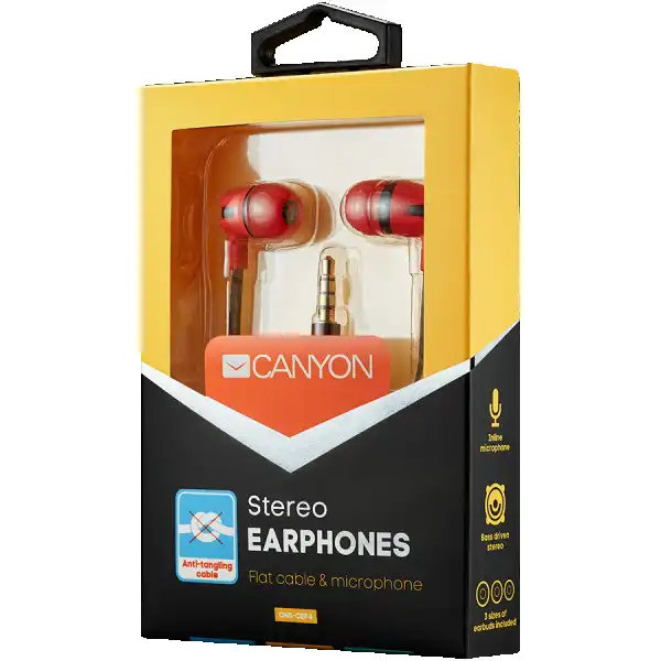 CANYON Stereo earphone with microphone, 1.2m flat cable, Red, 22*12*12mm, 0.013kg ( CNS-CEP4R ) 