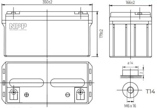 NPP NPG12V-65Ah, GEL BATTERY, C20=65AH, T14, 350*168*179*179, 18,3KG, sivi