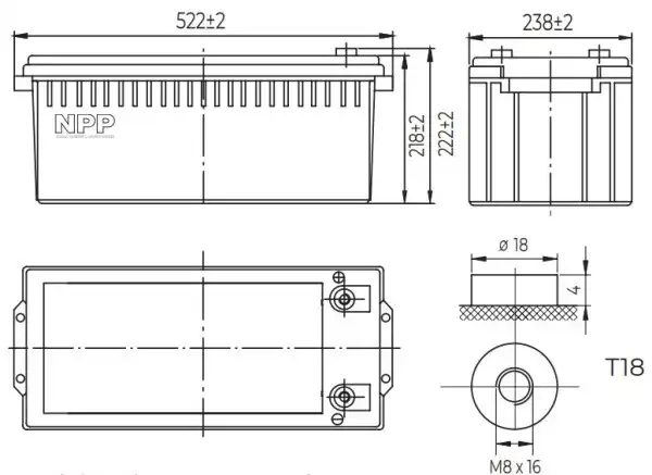 NPP NPG12V-200Ah, GEL BATTERY, C20=200AH, T16, 522x238x218x222, 52,8KG, sivi